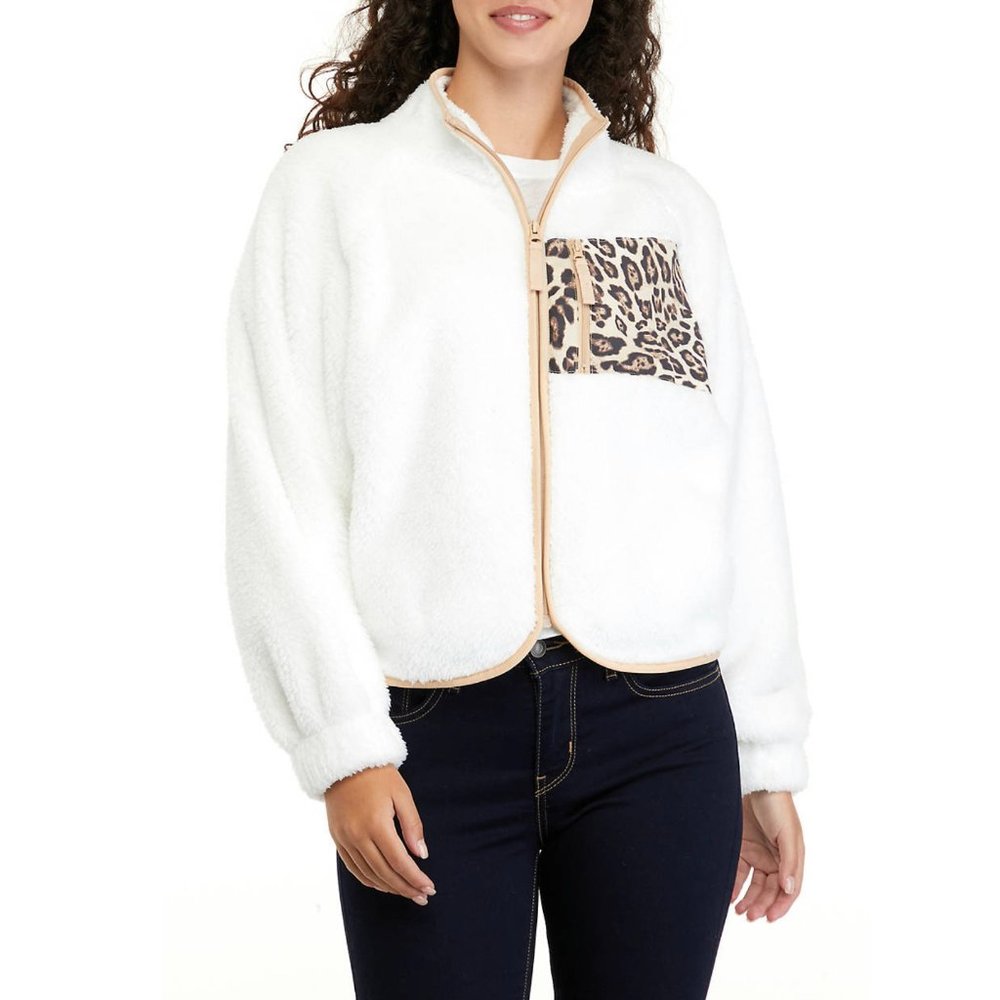 love, Fire Womens Balloon Sleeve Zip Up Plush Jacket White Animal Print Size XL